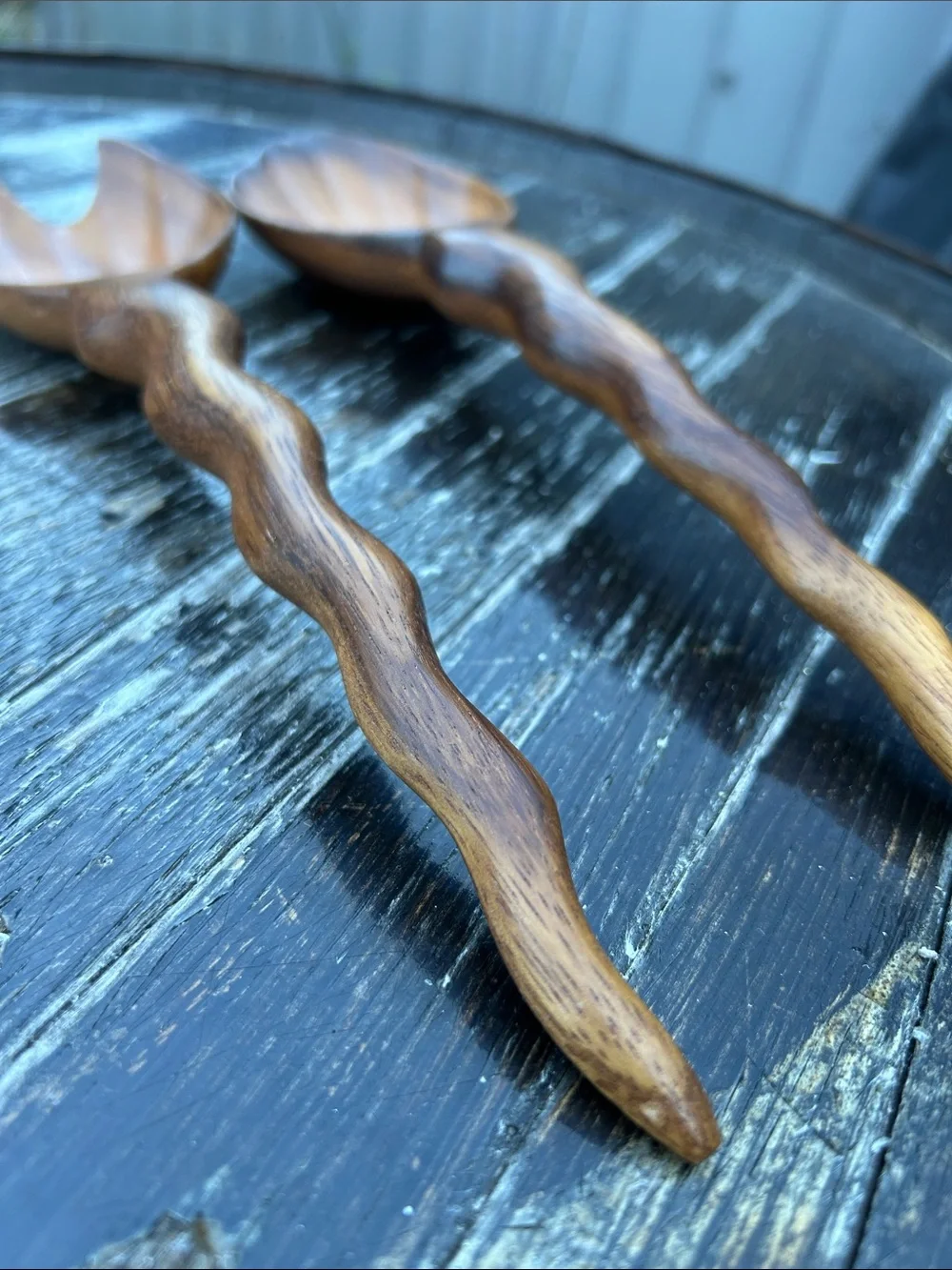 Vintage hand-carved wooden salad server Fork & Spoon set